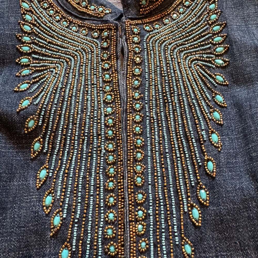 Chico's Embellished Turquoise & Gold Beaded Denim Jacket Size 1/Medium  Like New - Picture 10 of 12
